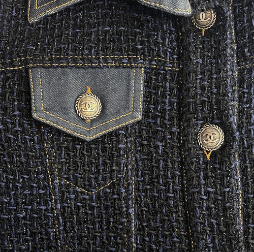 CHANEL Fantasy Tweed Denim Jacket 34 Black Navy CC Buttons Spring 2018