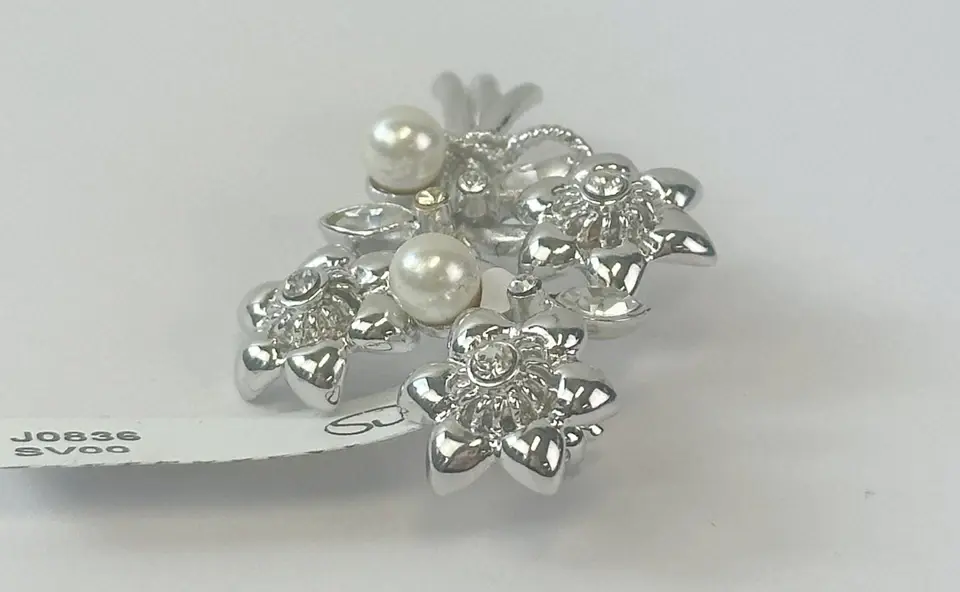Miniatura: NEW ST. JOHN Silver Tone Brooch Swarovski Crystals Flower Stem Pearl Pin RARE