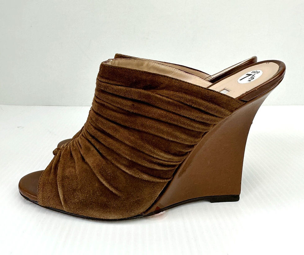縮圖：MANOLO BLAHNIK Brown Suede Open Toe Ruched Mules Wedges 37.5 7.5