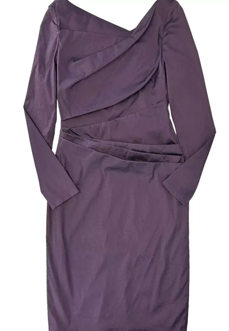 Thumbnail: TALBOT RUNHOF Jersey Draped Dress 10 Metallic Purple Asymmetric Slim Fit RARE