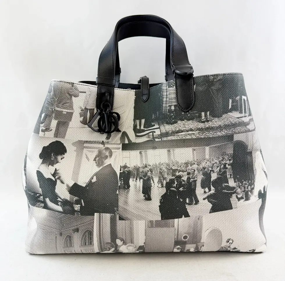 縮圖：DIOR Toujours Canvas Leather Tote Bag Large Black White Monsieur Dior Print