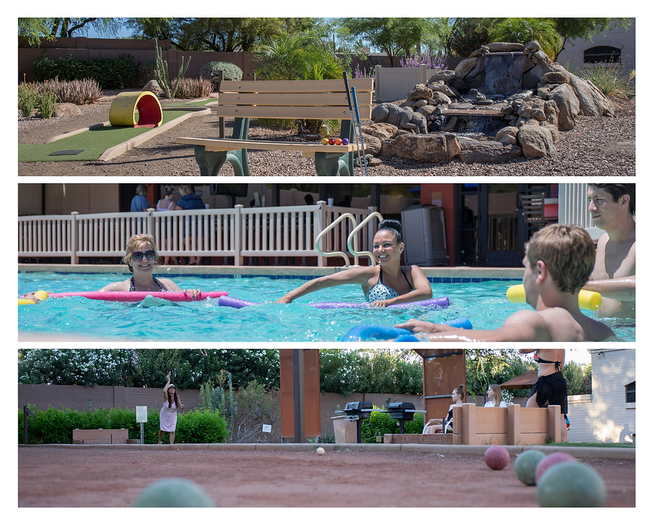 Images of activities throughout the resort. Miniature Golf, Water Aerobics, and Bocce Ball.
