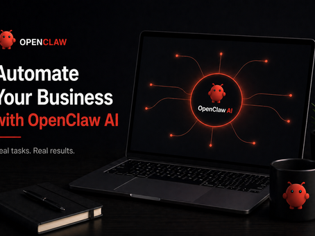 OpenClaw AI business automation system displayed on a laptop, showing how AI connects tools and workflows to automate business tasks.