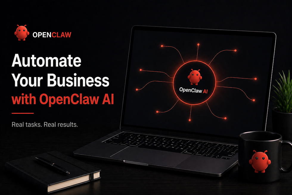OpenClaw AI business automation system displayed on a laptop, showing how AI connects tools and workflows to automate business tasks.