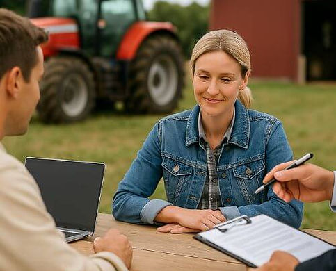 Farmer with tablet reviewing crops in the field, symbolizing risk management with HFS Insurance crop insurance.