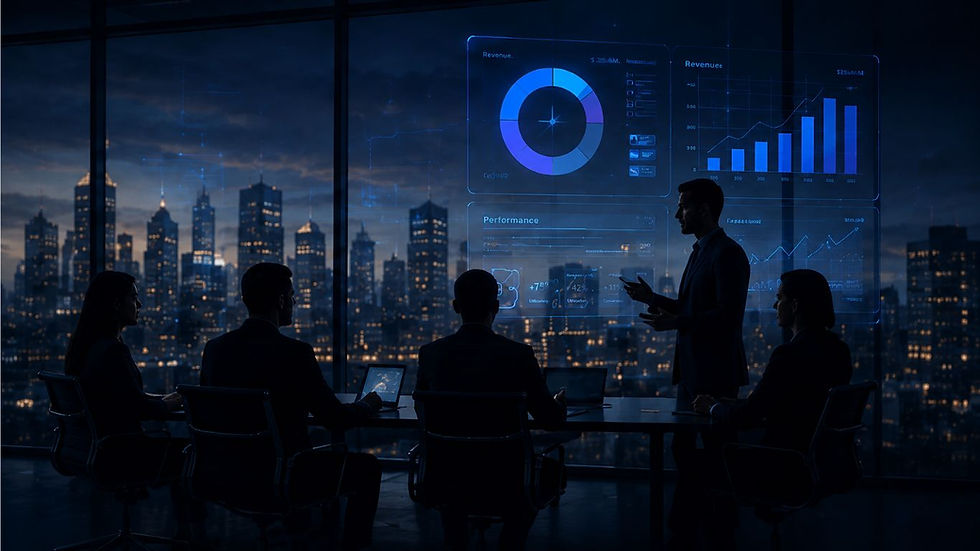 Leadership team reviewing AI performance and revenue dashboards