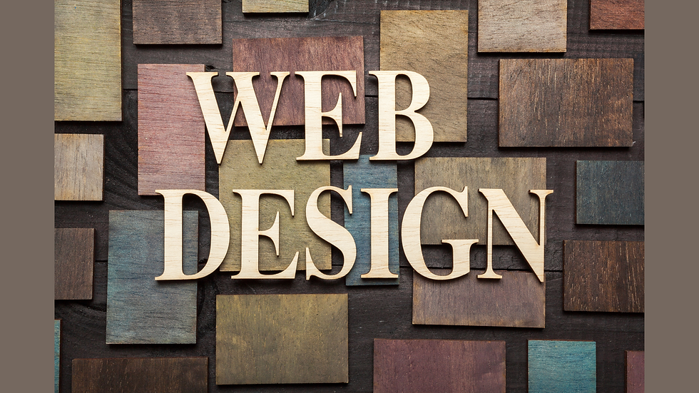 Wooden letters spelling 'Web Design' placed over a background of multicolored wooden rectangles arranged in a grid pattern