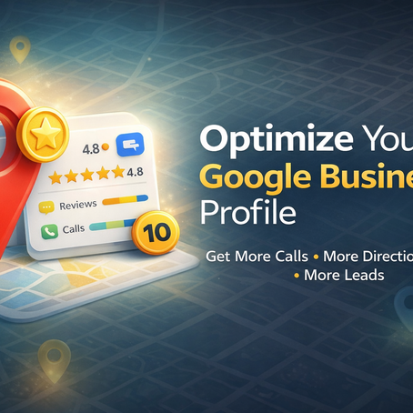 Illustration of a Google Business Profile optimization checklist with map pin, reviews, posts, and local visibility icons.