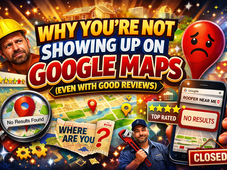 Graphic showing a frustrated business owner looking at Google Maps search results that say “no results,” despite having five-star reviews, illustrating why businesses may not appear on Google Maps.