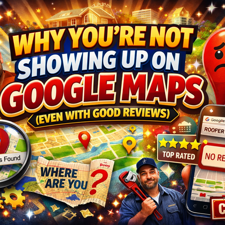 Graphic showing a frustrated business owner looking at Google Maps search results that say “no results,” despite having five-star reviews, illustrating why businesses may not appear on Google Maps.