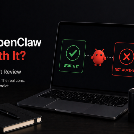 OpenClaw AI shown on a laptop with decision-style layout, representing whether OpenClaw is worth it for small business automation.