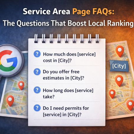 Infographic titled ‘Service Area Page FAQs’ showing a notepad with four example local SEO questions (cost in [City], free estimates, how long it takes, permits) alongside city maps with location pins and a magnifying glass.