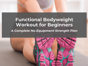 Close-up of a person in pink sneakers stretching indoors on a mat. Text overlay: Functional Bodyweight Workout for Beginners.