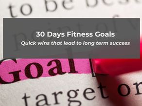 Text "30 Days Fitness Goals" over a page with the word "Goal" highlighted in pink. A red marker is partially visible. Motivational theme.