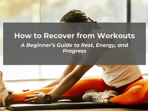 Woman stretching indoors, wearing orange leggings. Text overlay: How to Recover from Workouts: A Beginner's Guide to Rest, Energy, and Progress.