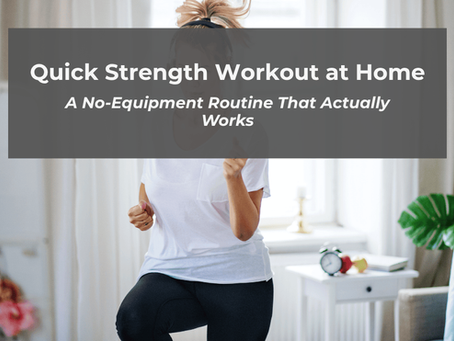 Woman exercising indoors, wearing white and black against a cozy living room setting. Text: "Quick Strength Workout at Home."