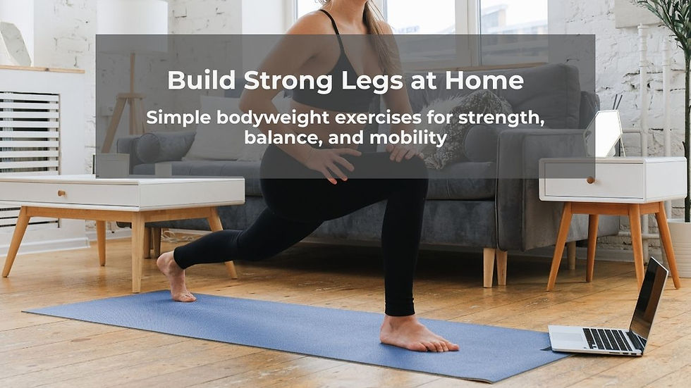 Woman doing lunges on a blue mat in a cozy living room. Text reads "Build Strong Legs at Home" with exercise tips. Neutral tones.