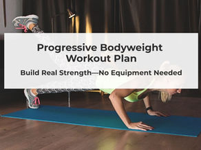 Person in black activewear adjusts smartwatch. Gray mat and jump rope nearby. Text: "Progressive Bodyweight Workout Plan: Build Real Strength—No Equipment Needed."