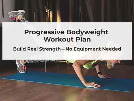 Person in black activewear adjusts smartwatch. Gray mat and jump rope nearby. Text: "Progressive Bodyweight Workout Plan: Build Real Strength—No Equipment Needed."