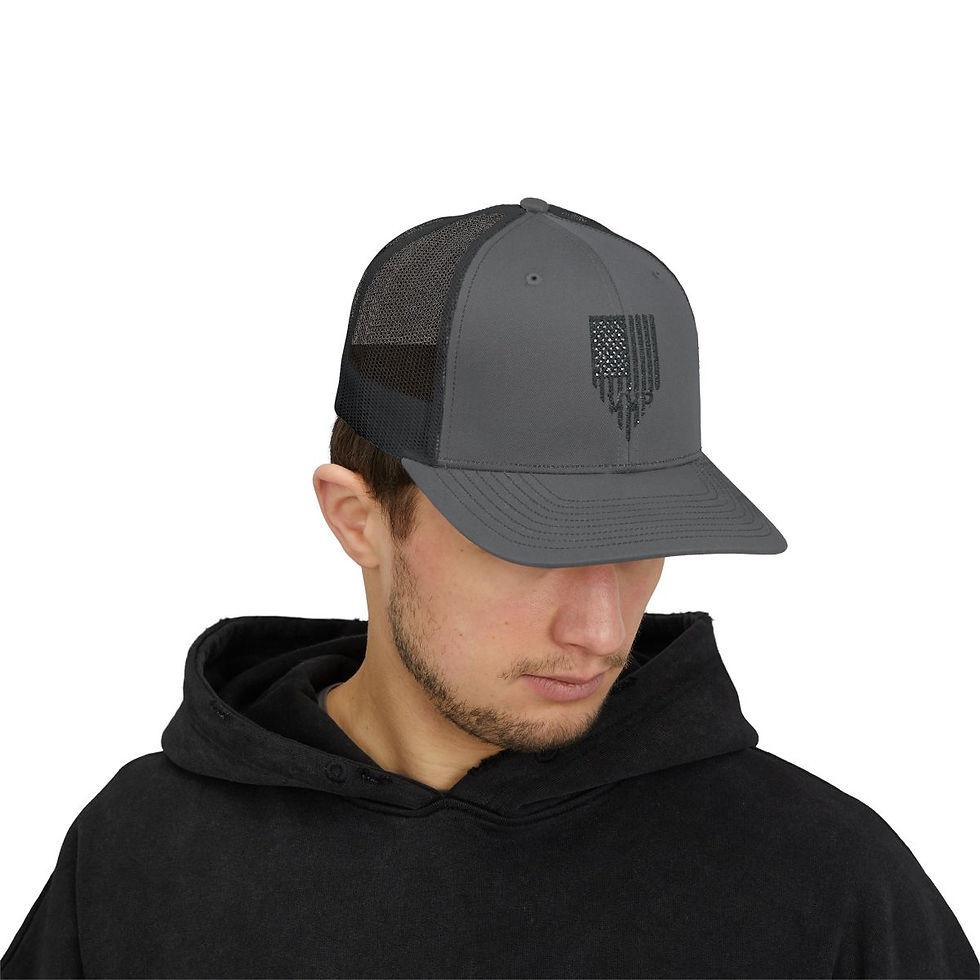 Thumbnail: Trucker Cap - Distressed Black American Flag Design with 'VVP' Letters