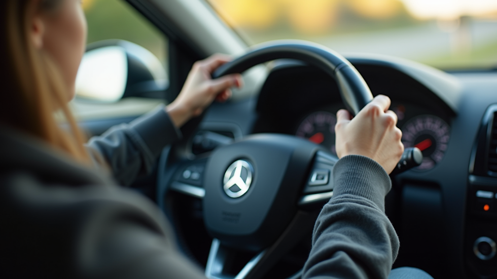 Close-up view of a car dashboard and steering wheel during driving lesson