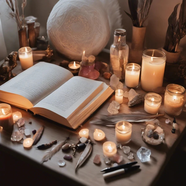 A cozy, sacred altar space reflecting the essence of A Prayer's Journey, adorned with candles, cryst