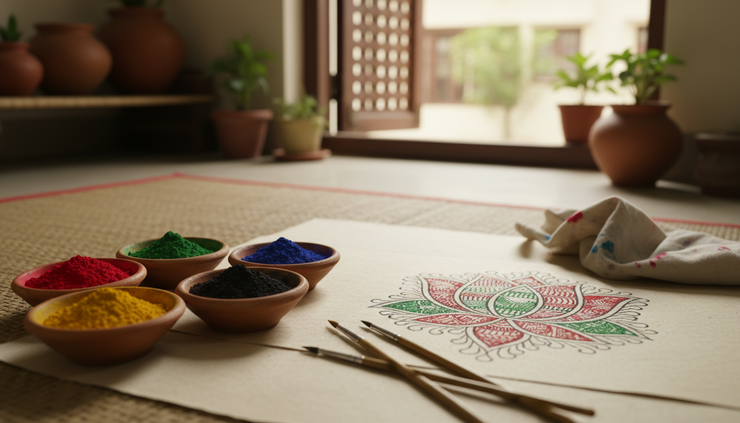 Eye-level view of natural colours and brushes arranged beside a Madhubani lotus painting