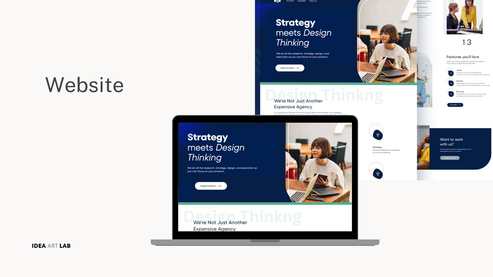 a strategy meets design thinking website is displayed on a laptop