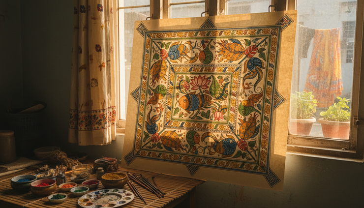 Wide-angle view of a finished Madhubani painting drying near a sunny window