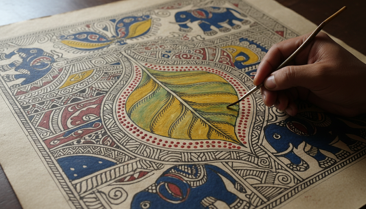 Close-up view of fine Madhubani dots and leaf patterns being filled with colour