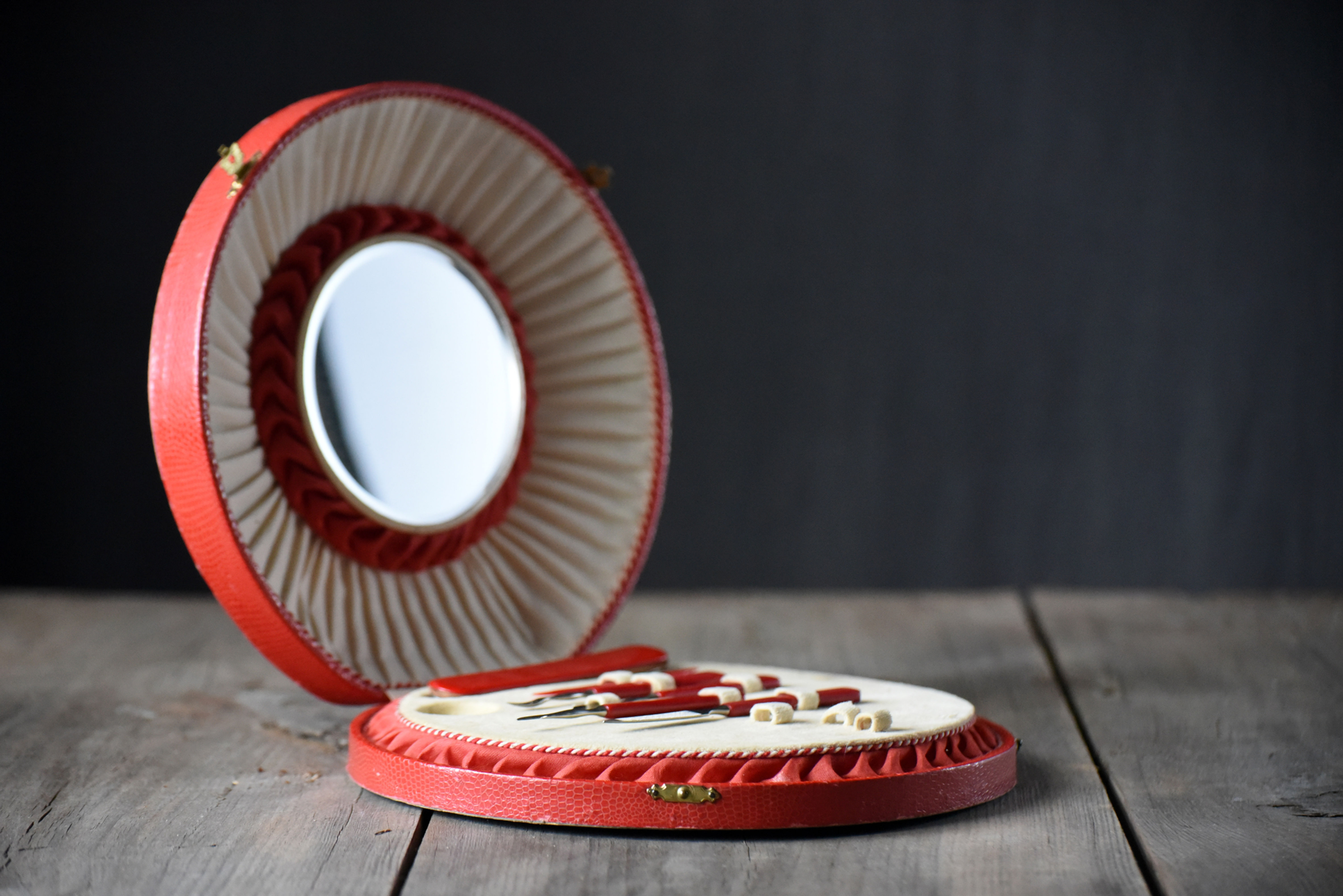Vintage manicure set in original cardboard vanity case with mirror