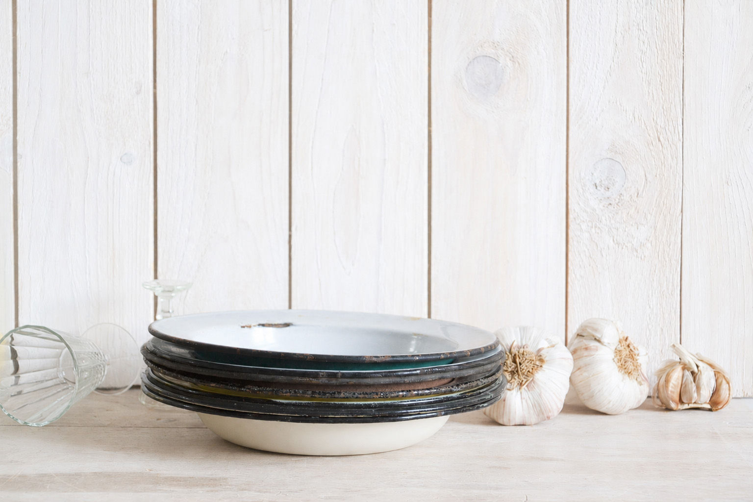 Vintage white enamel plate with black rim