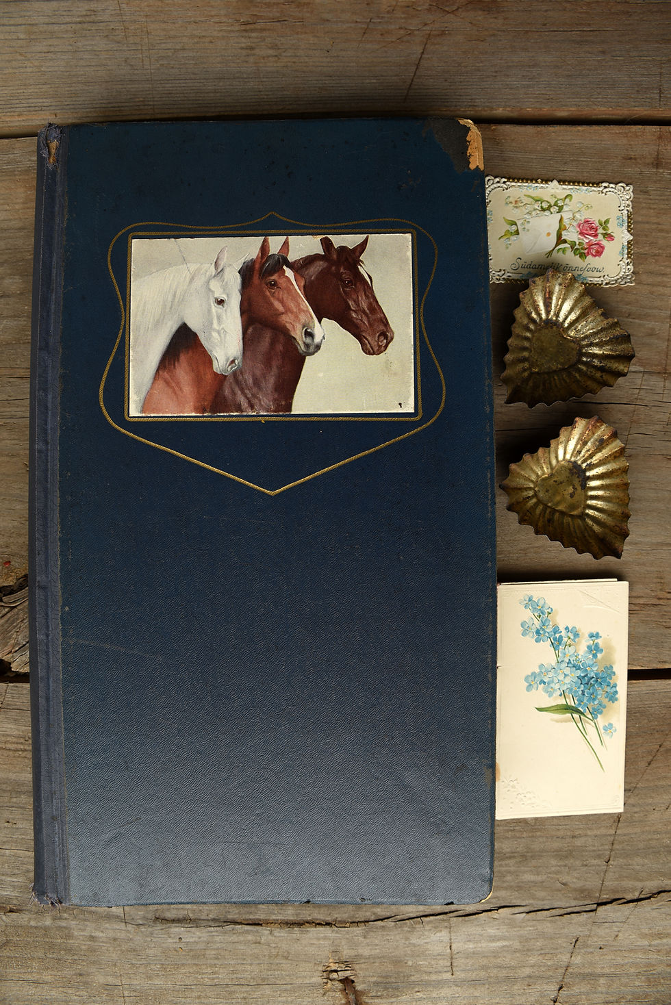 Antique photo album with worn cover and aged pages for postcards and photographs