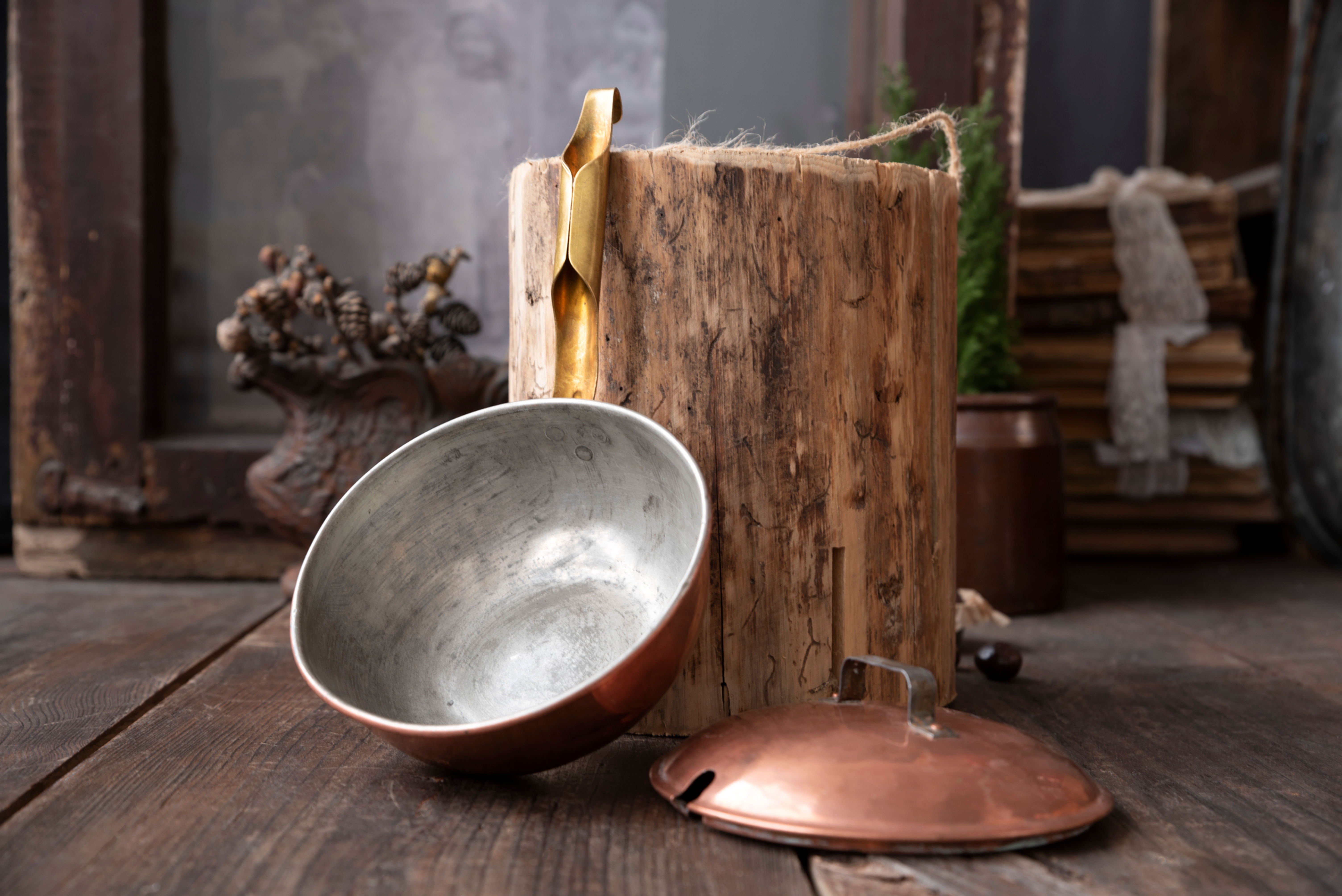 Vintage copper jam pan with lid — French style copper pot with projecting handle