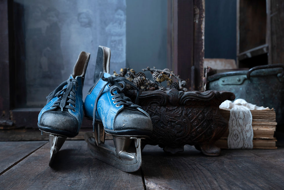 Vintage blue leather ice skates with metal blades rustic farmhouse decor