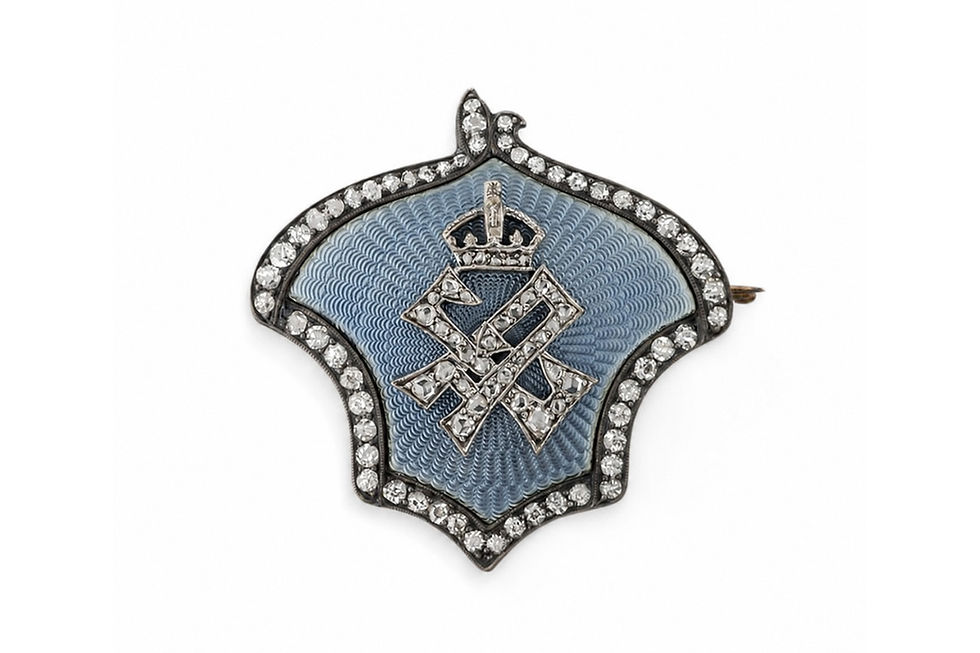 Fabergé brooch with the monogram of King Edward VII and Queen Alexandra, 1900s. Gold, silver, rose-cut diamonds and guilloché enamel. St Petersburg, Russia. Image: © The Link of Times Foundation, Fabergé Museum, St Petersburg