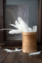 Interior view of antique bentwood box with natural finish – use for artist studio or craft storage