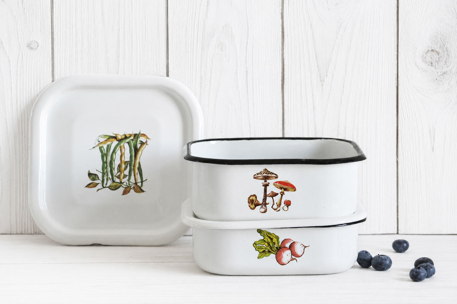 Farmhouse enamel refrigerator box with matching lid for keeping vegetables, herbs, berries, and everyday foods fresh.