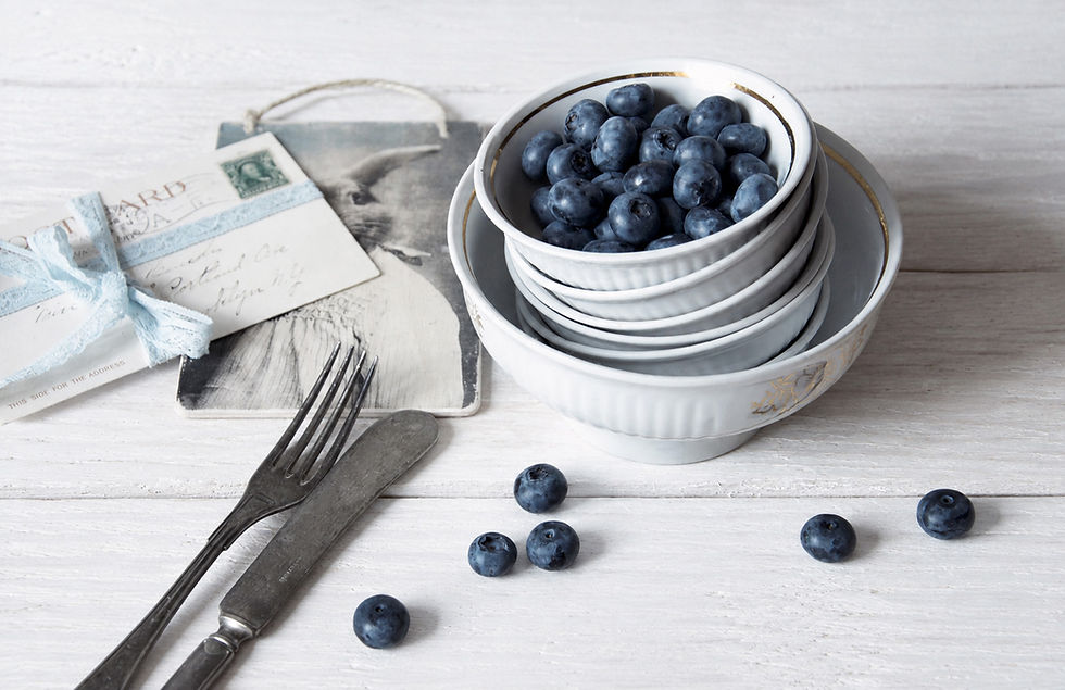Vintage white ceramic bowls with gray floral pattern shown stacked and separately, with fresh blueberries