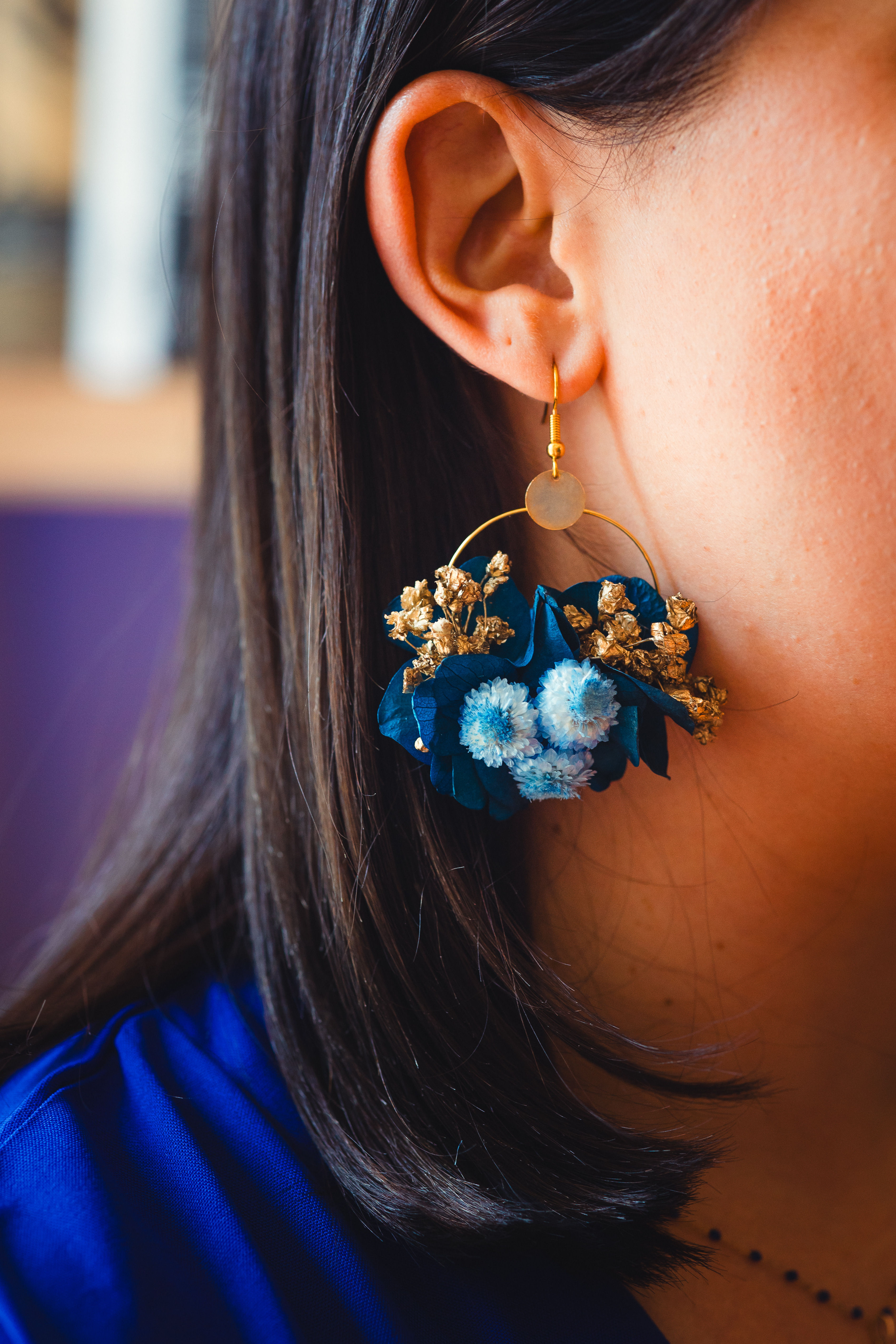 Boucles d'oreilles Chanchou bleu et doré 