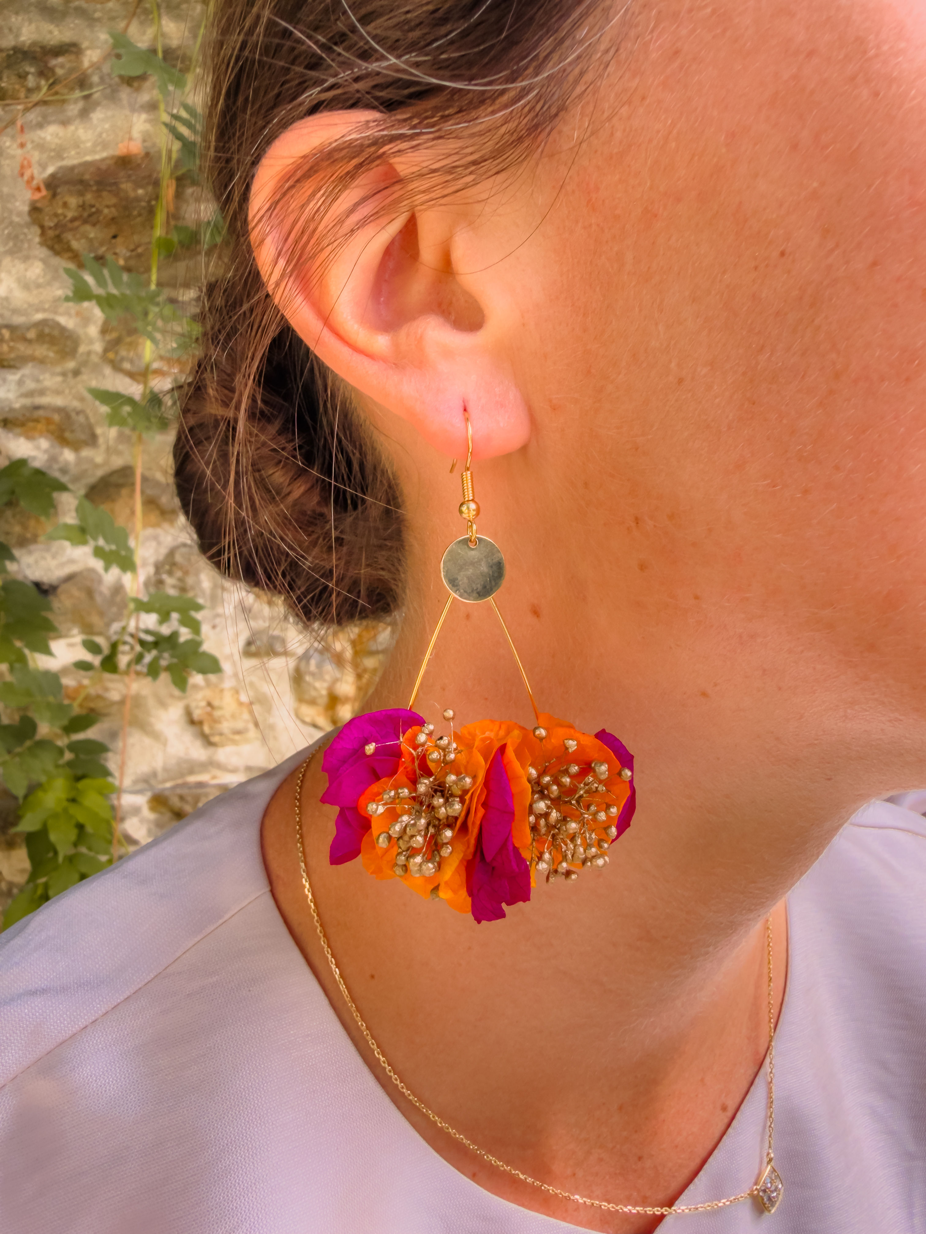 Boucles d'Oreilles Sénac orange, bougainvillier et dorées
