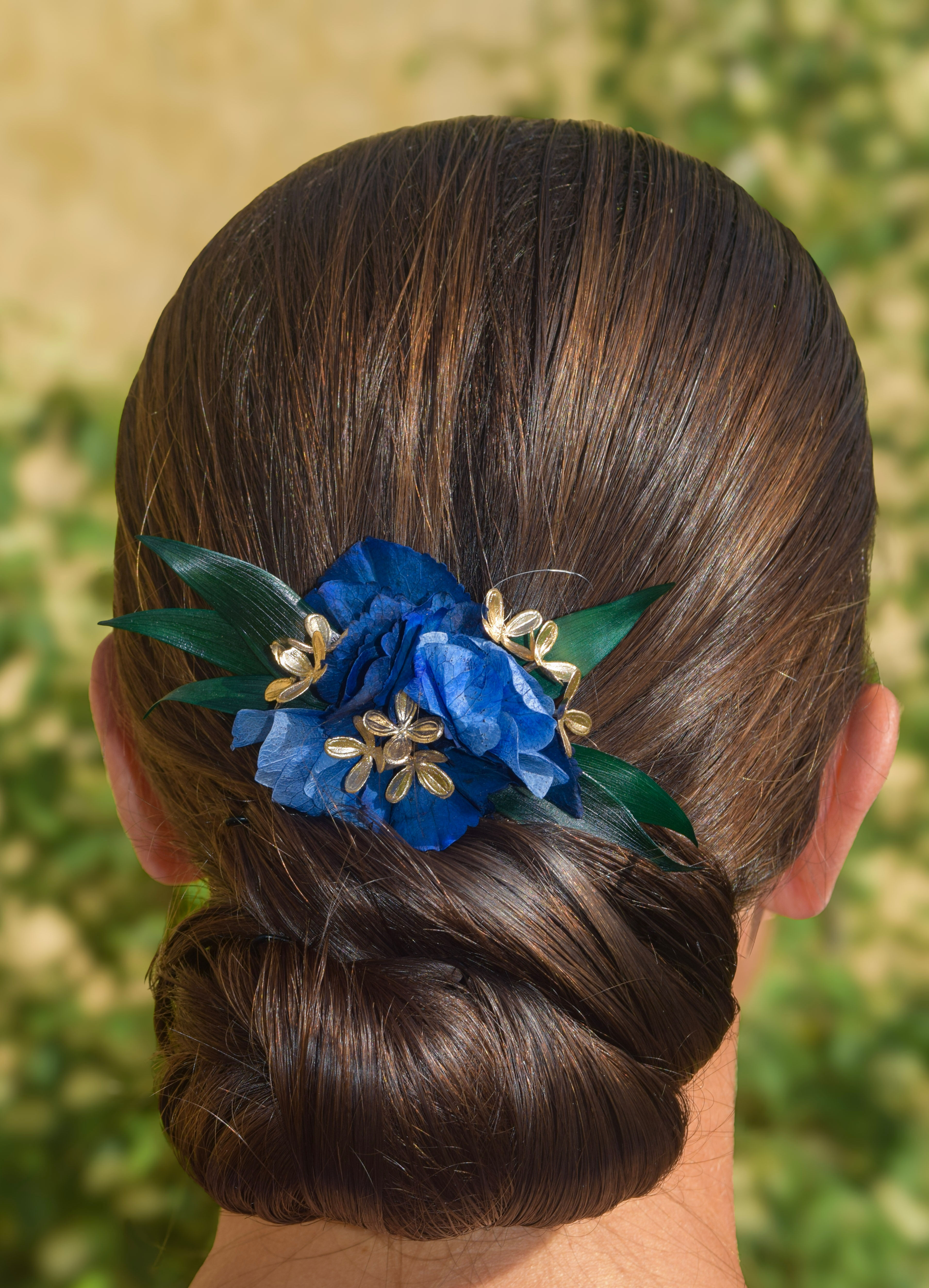 Peigne Petit Peyrun bleu, doré et son feuillage