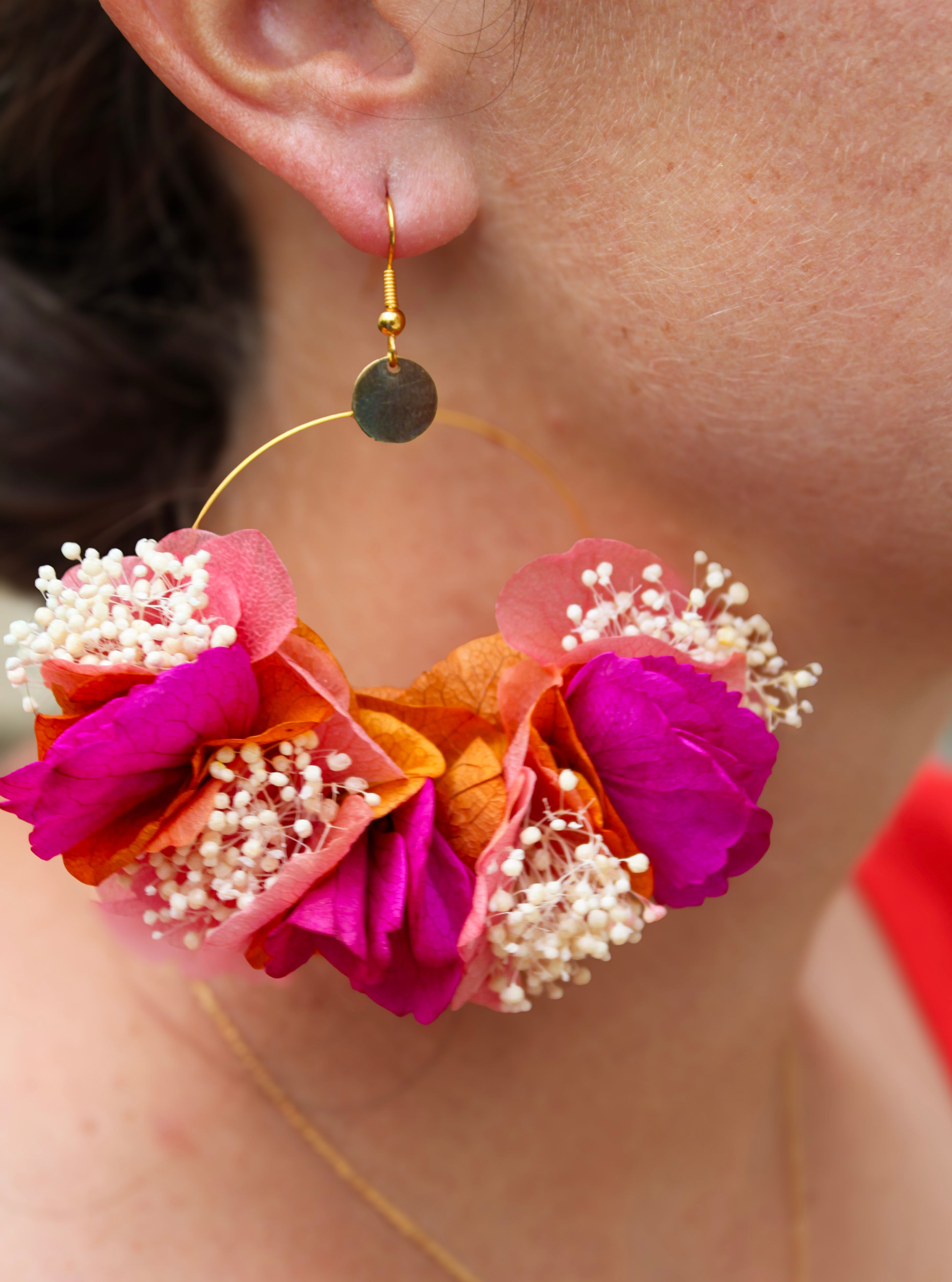 Boucles d'oreilles Laloubère orange, bougainvillier et blanc
