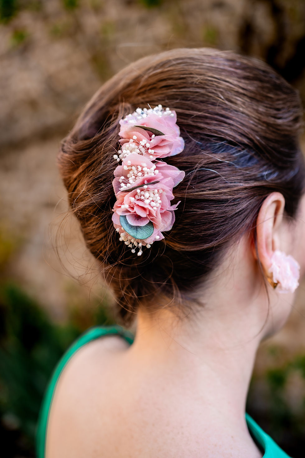 Miniature : Barrette Izaux rose, crème et feuilles d'eucalyptus