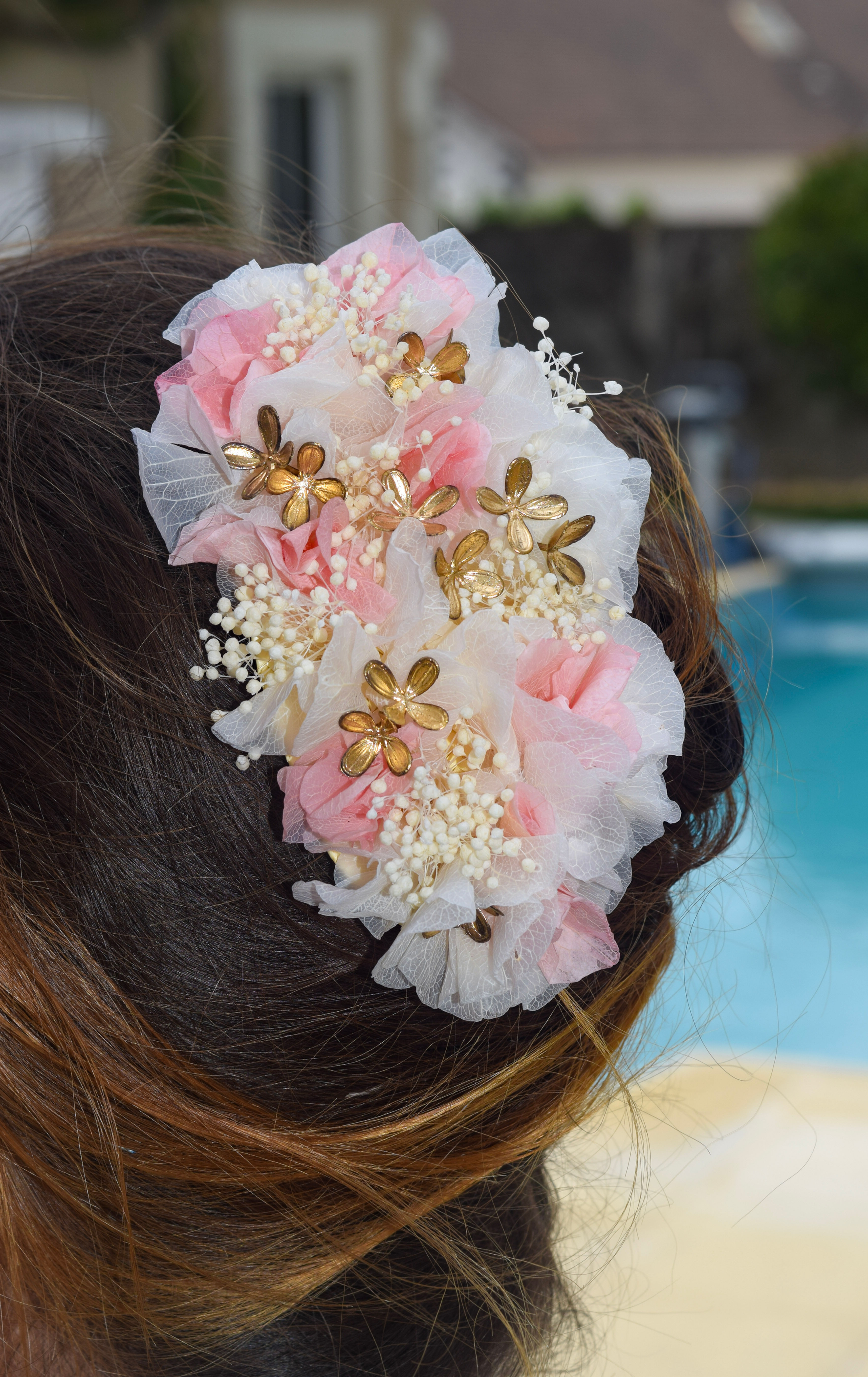 Barrette Ibos blanche, rose et dorée