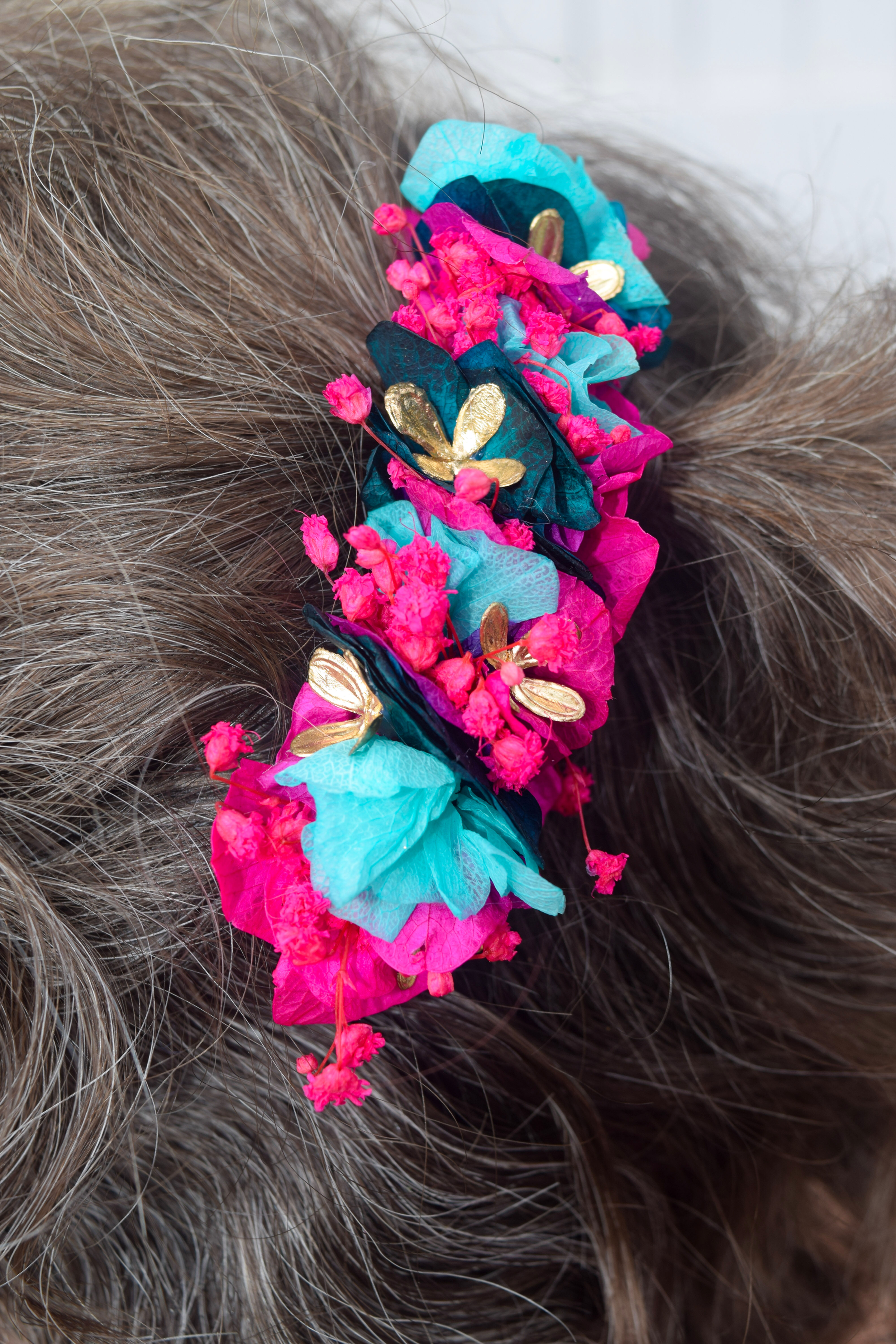 Barrette Izaux fuchsia, turquoise, vert sapin et doré
