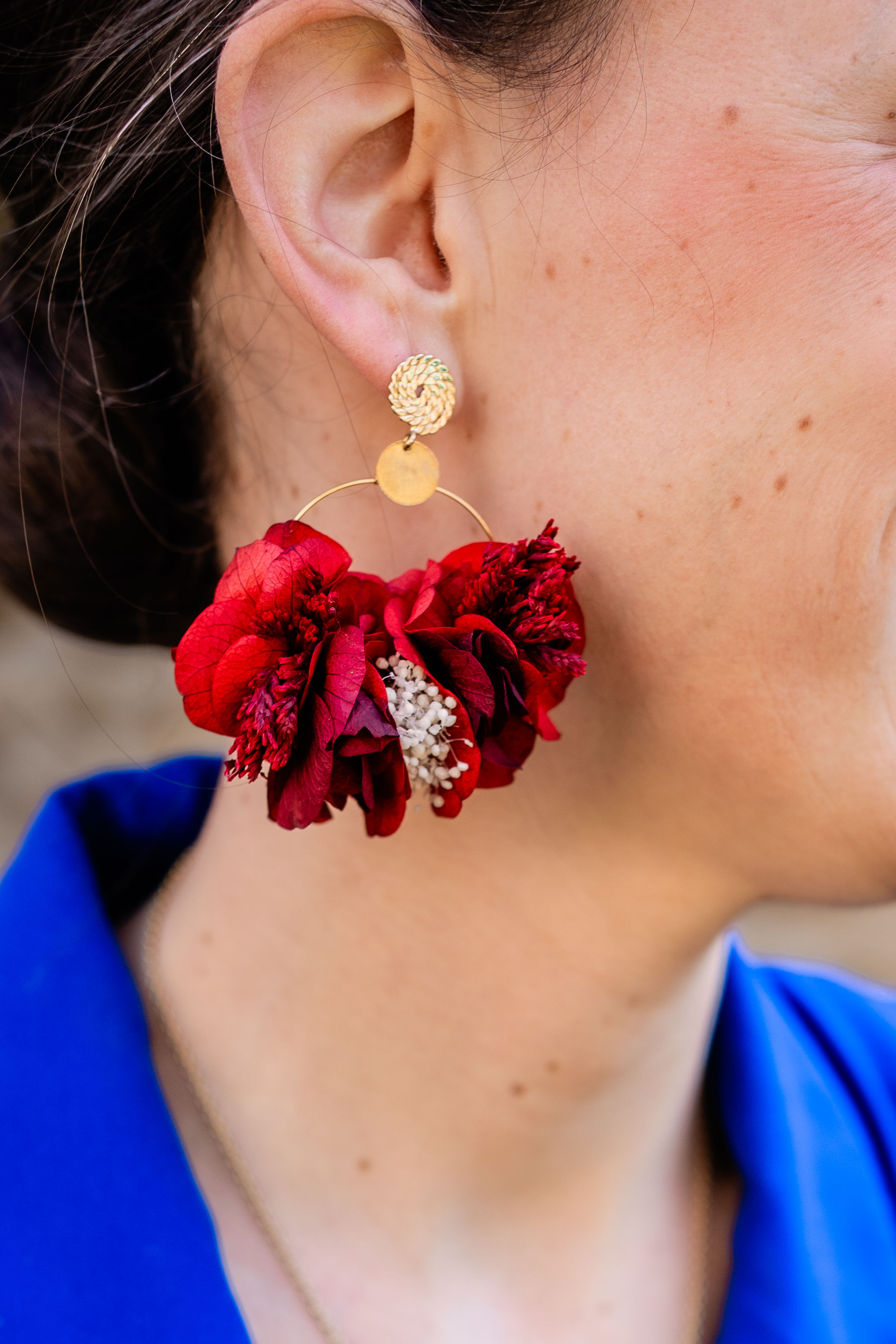 Boucles d'oreilles Chanchou aux fleurs rouges et blanches