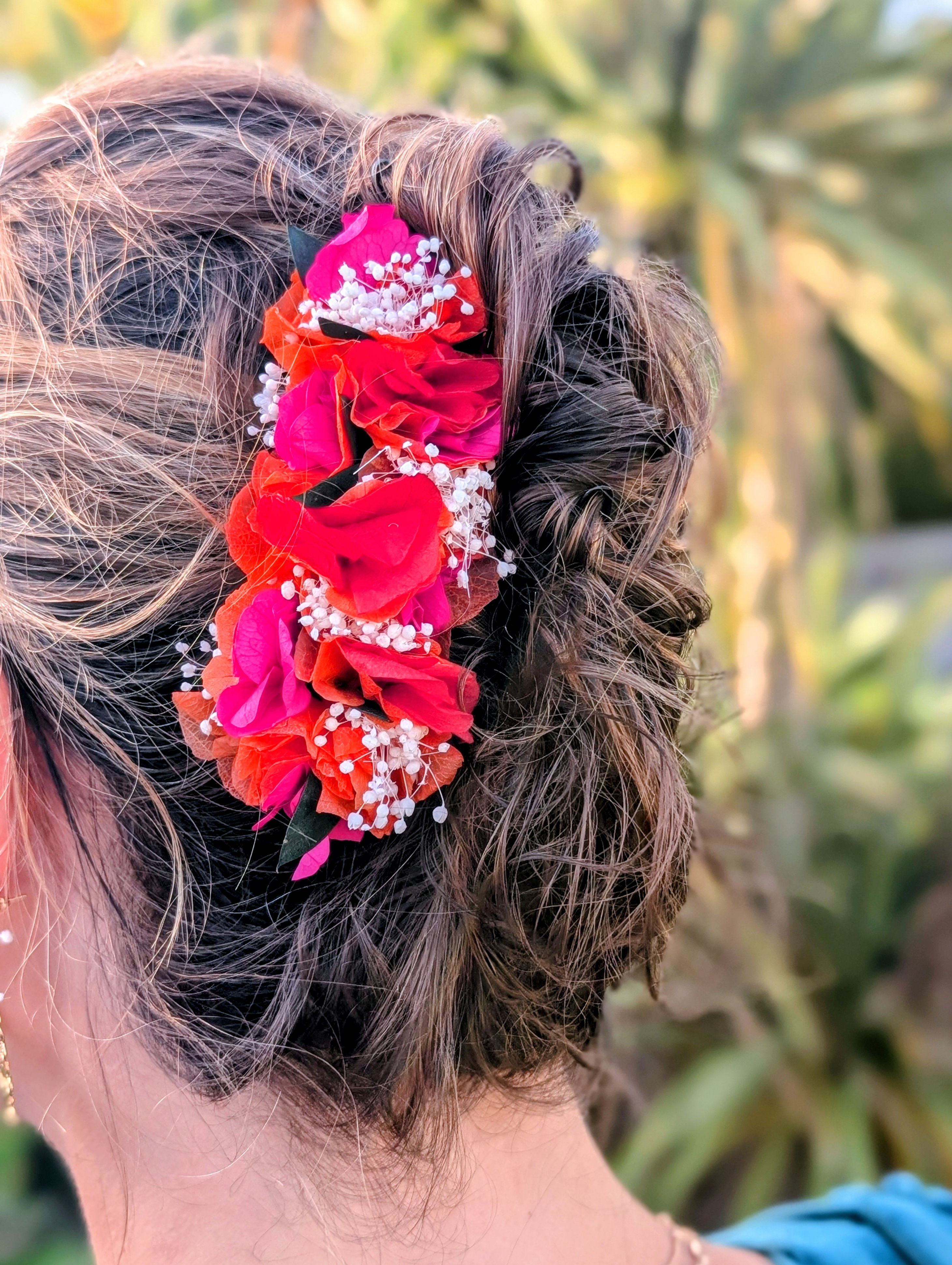 Peigne Peyrun rouge, fuchsia, orange, crème et feuillage