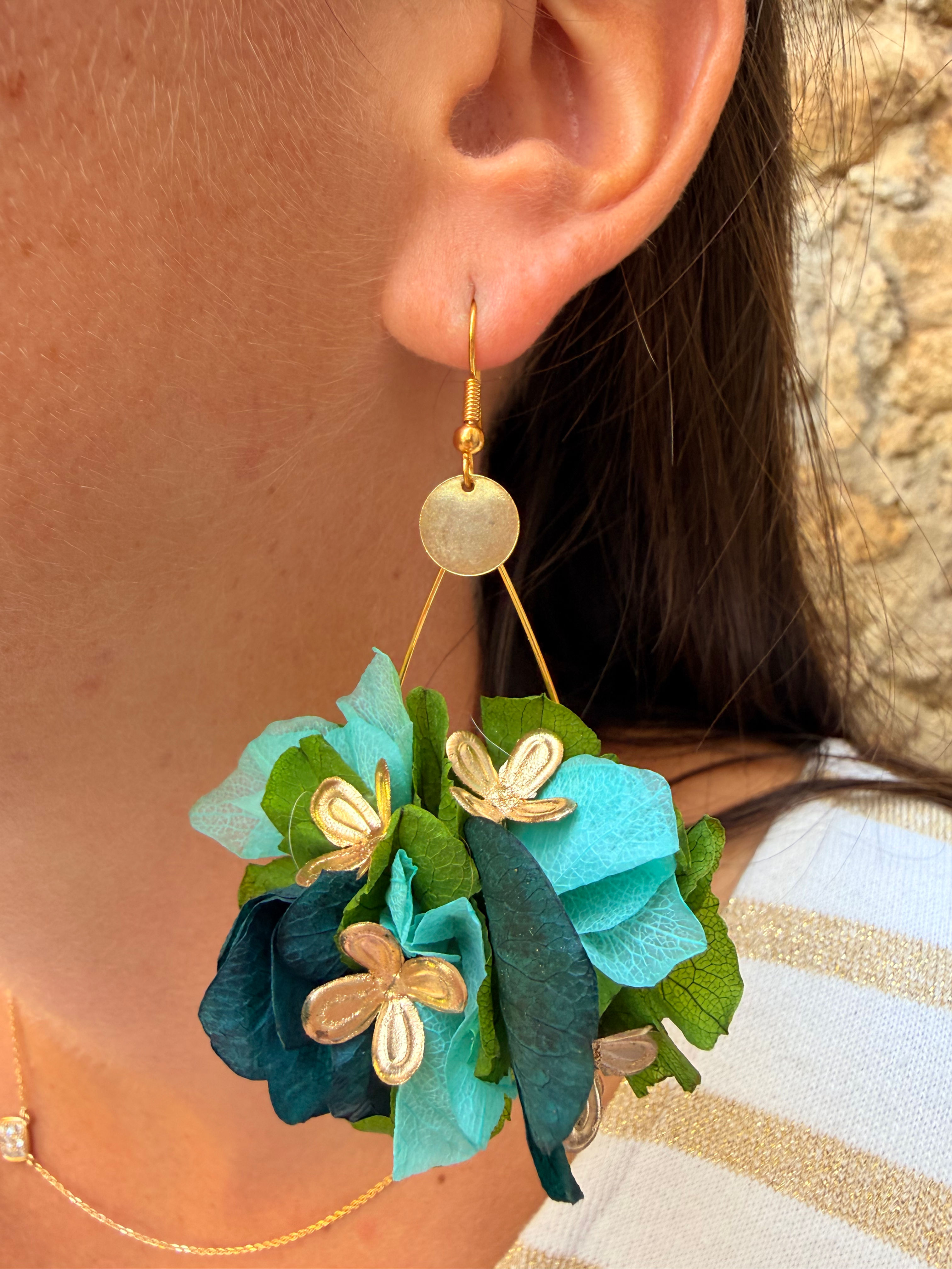 Boucles d'oreilles Sénac vertes, bleues et dorées 