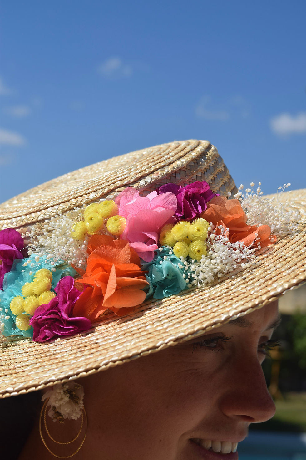 Miniature : Chapeau Petit Mayor naturel aux fleurs oranges, vertes, rose, jaune et blanc